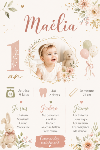 Affiche personnalisée pour un anniversaire d'enfant, décorée de couleurs vives et de motifs festifs.