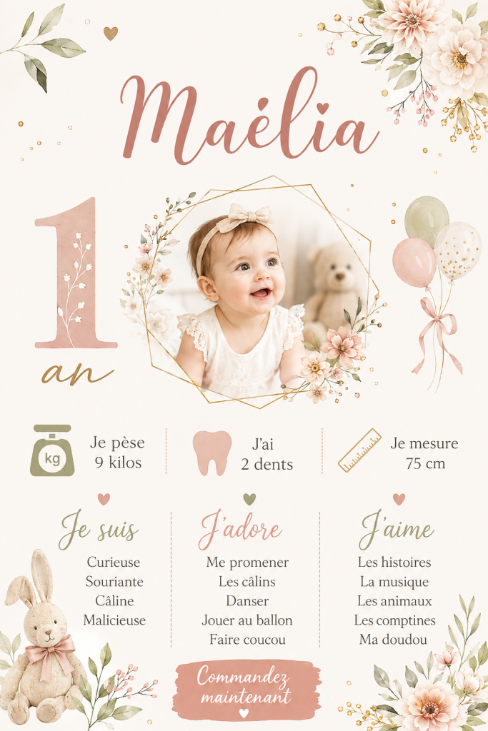 Affiche personnalisée pour un anniversaire d'enfant, décorée de couleurs vives et de motifs festifs.