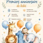 Décorations et invitations colorées pour le premier anniversaire d'un bébé.