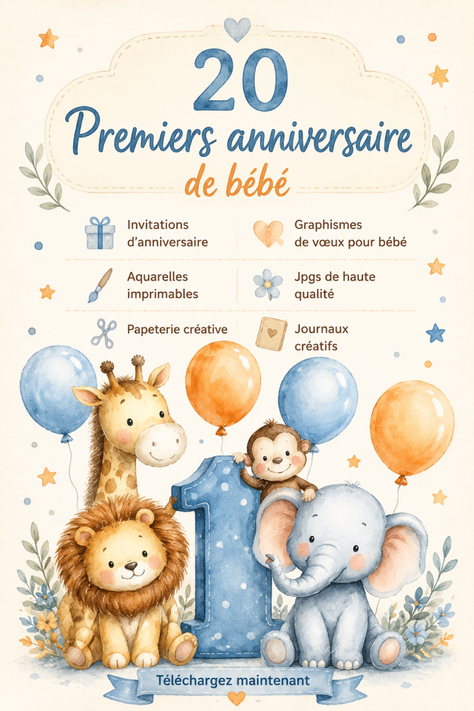 Décorations et invitations colorées pour le premier anniversaire d'un bébé.