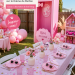 Une table joliment décorée pour un anniversaire d'enfant sur le thème de Barbie avec des couleurs vives.