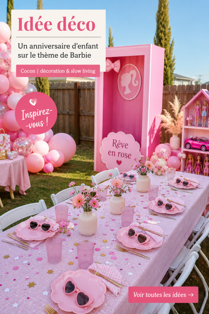 Une table joliment décorée pour un anniversaire d'enfant sur le thème de Barbie avec des couleurs vives.