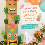 Fête d'anniversaire sur le thème Vahiné avec décorations colorées et jungle verdoyante