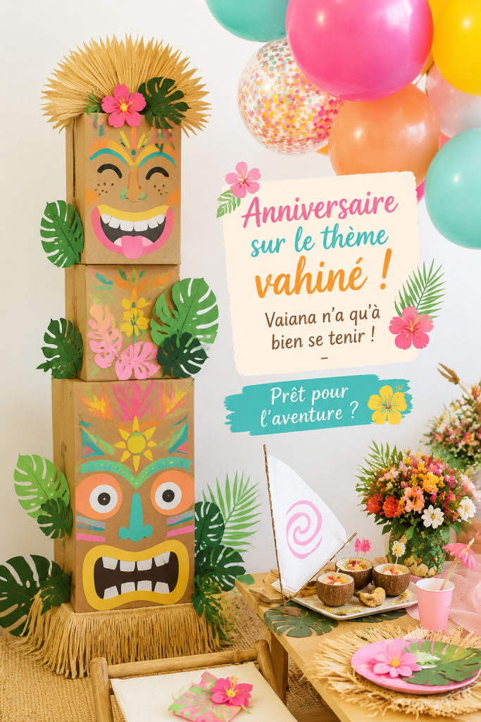 Fête d'anniversaire sur le thème Vahiné avec décorations colorées et jungle verdoyante