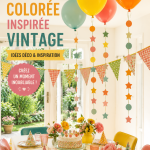 Fête d'anniversaire vintage avec décoration colorée et festive.