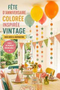Fête d'anniversaire vintage avec décoration colorée et festive.
