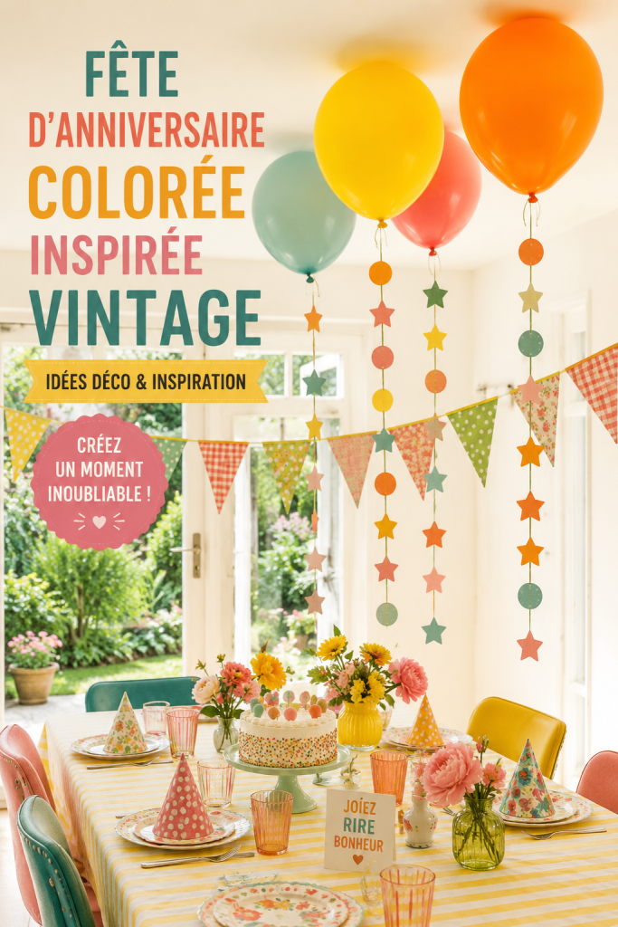 Fête d'anniversaire vintage avec décoration colorée et festive.