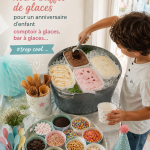 Buffet glacé festif avec plusieurs choix de glaces et garnitures prêtes pour un anniversaire d'enfants.