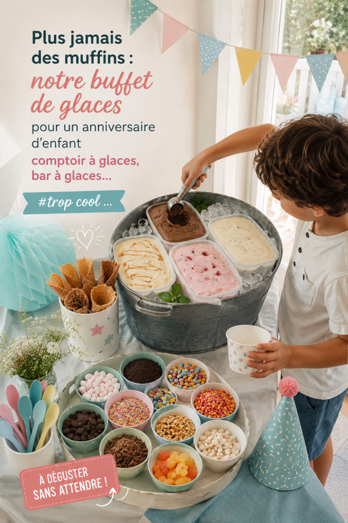 Buffet glacé festif avec plusieurs choix de glaces et garnitures prêtes pour un anniversaire d'enfants.