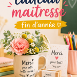 Cadeaux variés pour la maîtresse en fin d'année, montrant des options de présentations créatives.