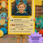 Cadre photo d'anniversaire Pokémon personnalisé avec des personnages colorés.