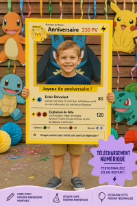 Cadre photo d'anniversaire Pokémon personnalisé avec des personnages colorés.