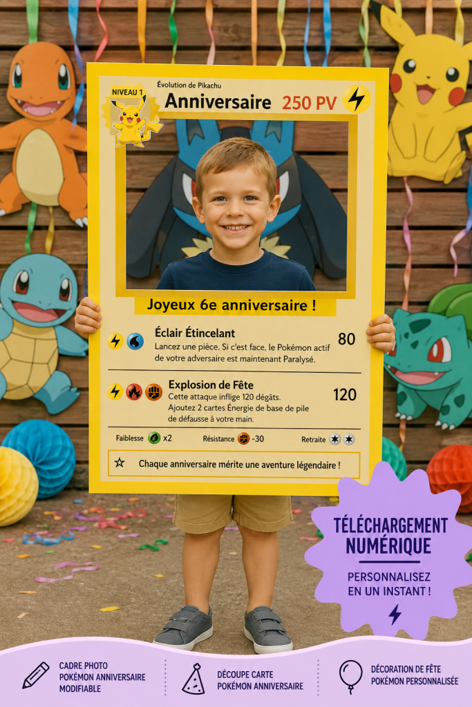 Cadre photo d'anniversaire Pokémon personnalisé avec des personnages colorés.