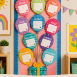 Calendrier d'anniversaires coloré et festif en classe.
