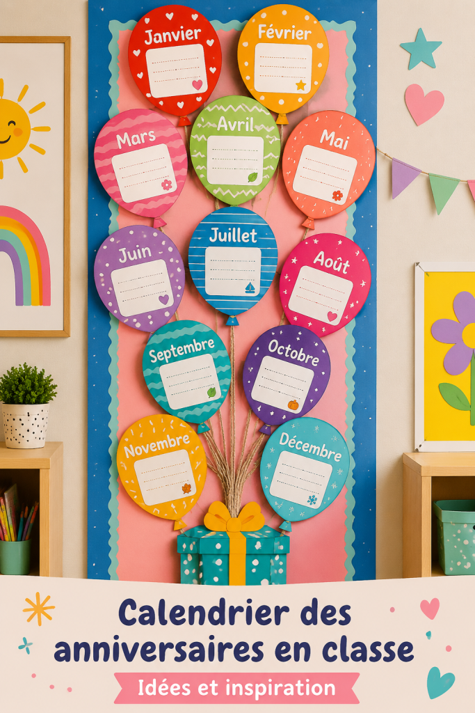Calendrier d'anniversaires coloré et festif en classe.