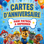 Cartes d'anniversaire Paw Patrol joliment illustrées prêtes à être imprimées.