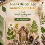 Un collage en nature réalisé par un enfant avec des éléments naturels tels que des feuilles et des fleurs
