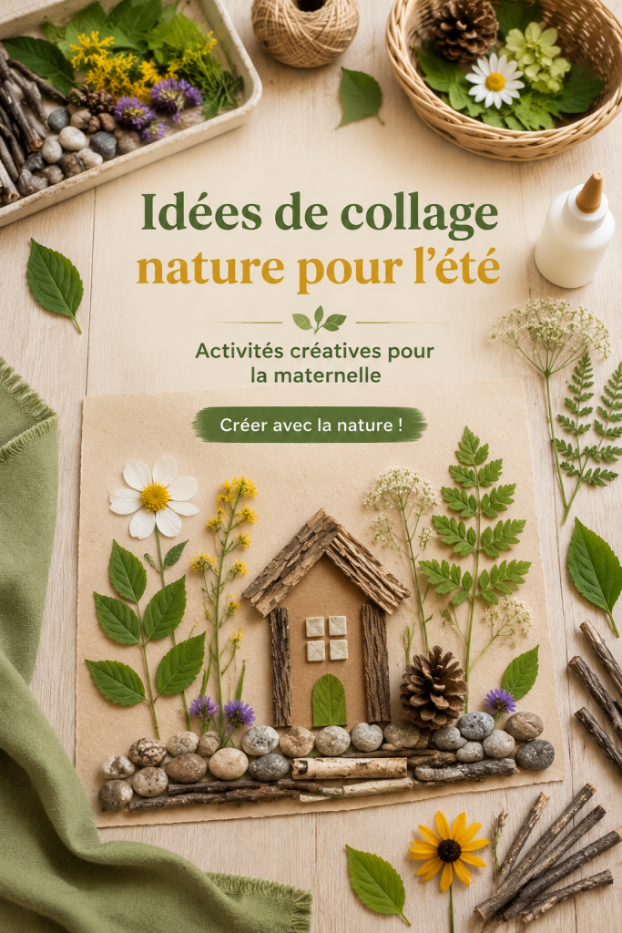 Un collage en nature réalisé par un enfant avec des éléments naturels tels que des feuilles et des fleurs