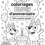 Coloriage d'anniversaire Bluey prêt à être imprimé pour les enfants.