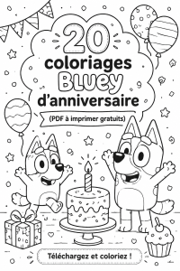 Coloriage d'anniversaire Bluey prêt à être imprimé pour les enfants.