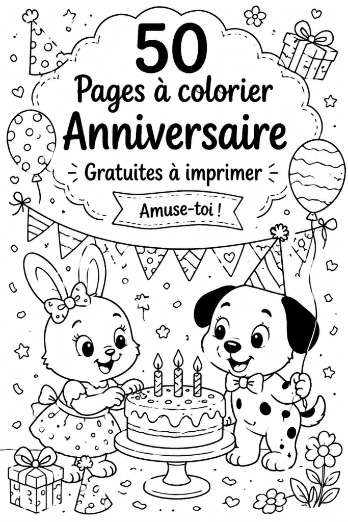 Modèles de coloriage d'anniversaire colorés et variés pour enfants.