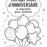 Coloriage d'anniversaire imprimable pour enfants, avec des motifs festifs.