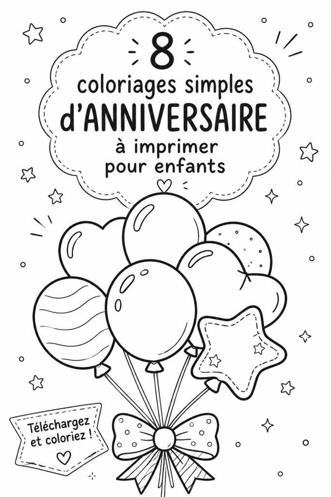 Coloriage d'anniversaire imprimable pour enfants, avec des motifs festifs.
