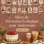 Une table d'anniversaire joliment décorée avec des éléments écologiques comme des fleurs naturelles et des guirlandes en papier recyclé.