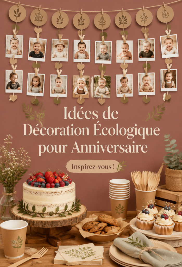 Une table d'anniversaire joliment décorée avec des éléments écologiques comme des fleurs naturelles et des guirlandes en papier recyclé.