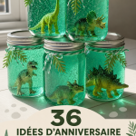 Une table décorée pour une fête d'anniversaire sur le thème des dinosaures avec des ballons et des invitations colorées.