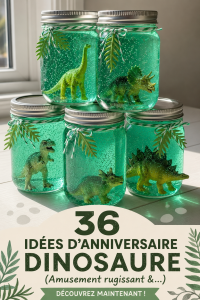Une table décorée pour une fête d'anniversaire sur le thème des dinosaures avec des ballons et des invitations colorées.