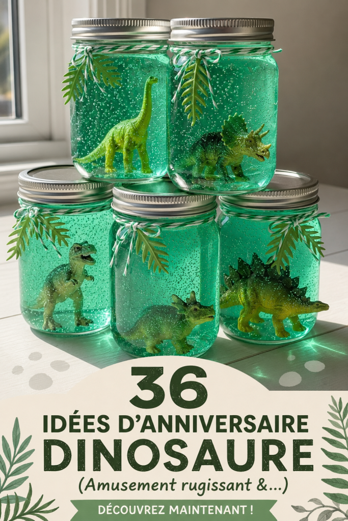 Une table décorée pour une fête d'anniversaire sur le thème des dinosaures avec des ballons et des invitations colorées.