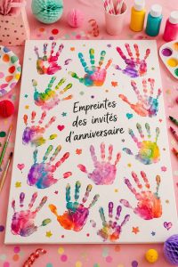 Empreintes de mains colorées réalisées par des enfants lors d'une fête d'anniversaire