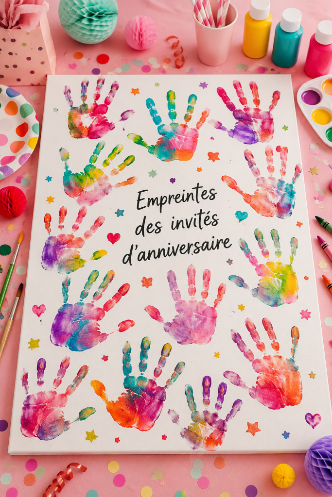 Empreintes de mains colorées réalisées par des enfants lors d'une fête d'anniversaire
