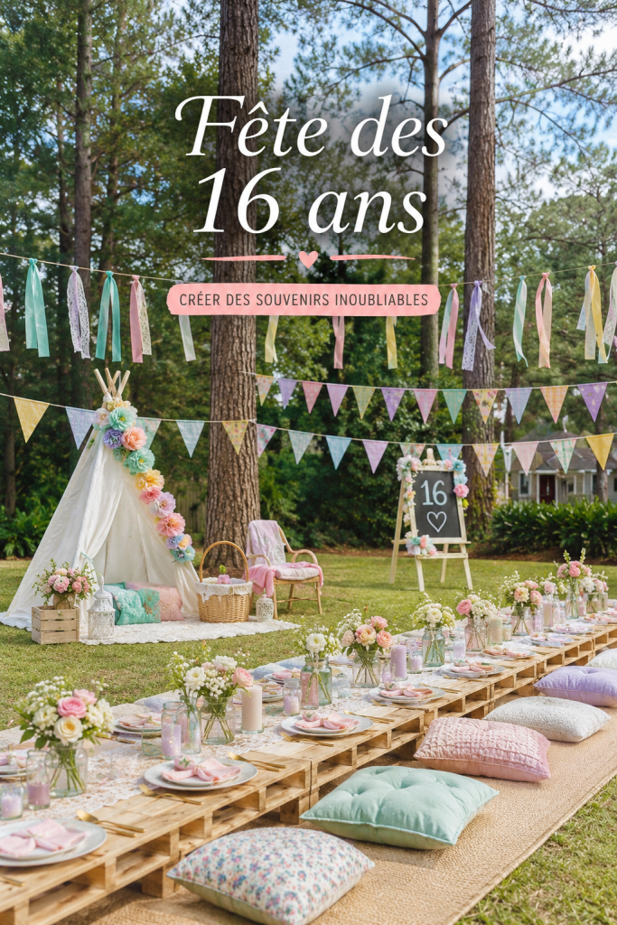 Fête d'anniversaire décorée pour des 16 ans avec ballons et lumières
