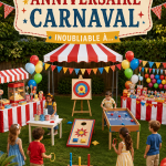 Fête d'anniversaire colorée sur le thème du carnaval avec des décorations et des jeux