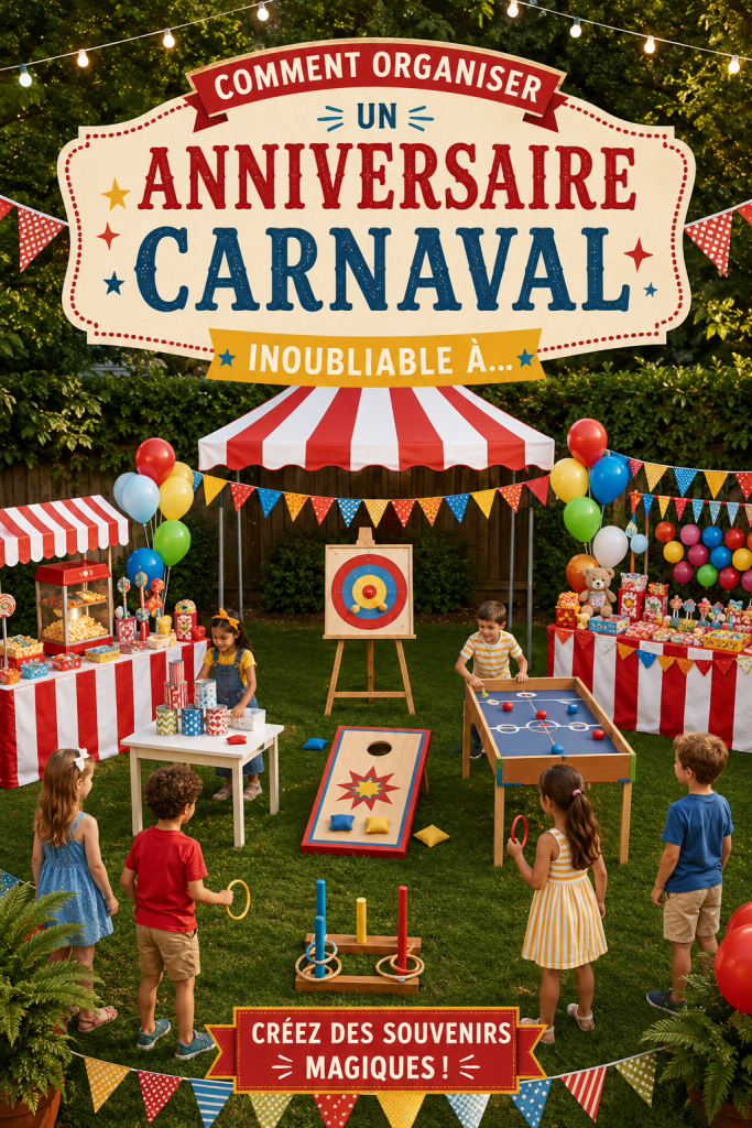 Fête d'anniversaire colorée sur le thème du carnaval avec des décorations et des jeux