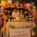 Fête d'anniversaire avec décorations colorées et ambiance festive
