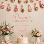 Une belle décoration pour une fête d'anniversaire d'un an avec des ballons et une table festive