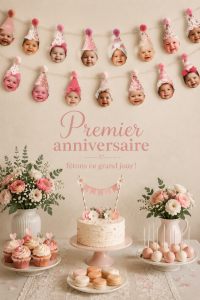Une belle décoration pour une fête d'anniversaire d'un an avec des ballons et une table festive