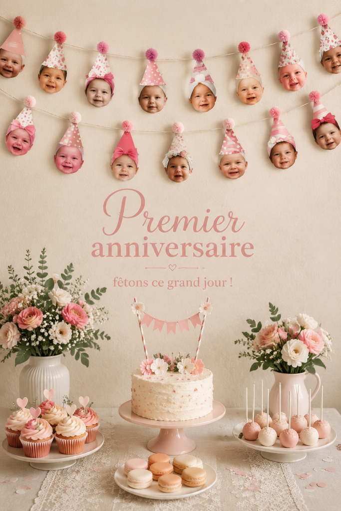 Une belle décoration pour une fête d'anniversaire d'un an avec des ballons et une table festive