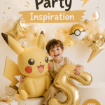 Décoration colorée d'une fête d'anniversaire sur le thème Pokémon, avec des ballons et des personnages emblématiques.