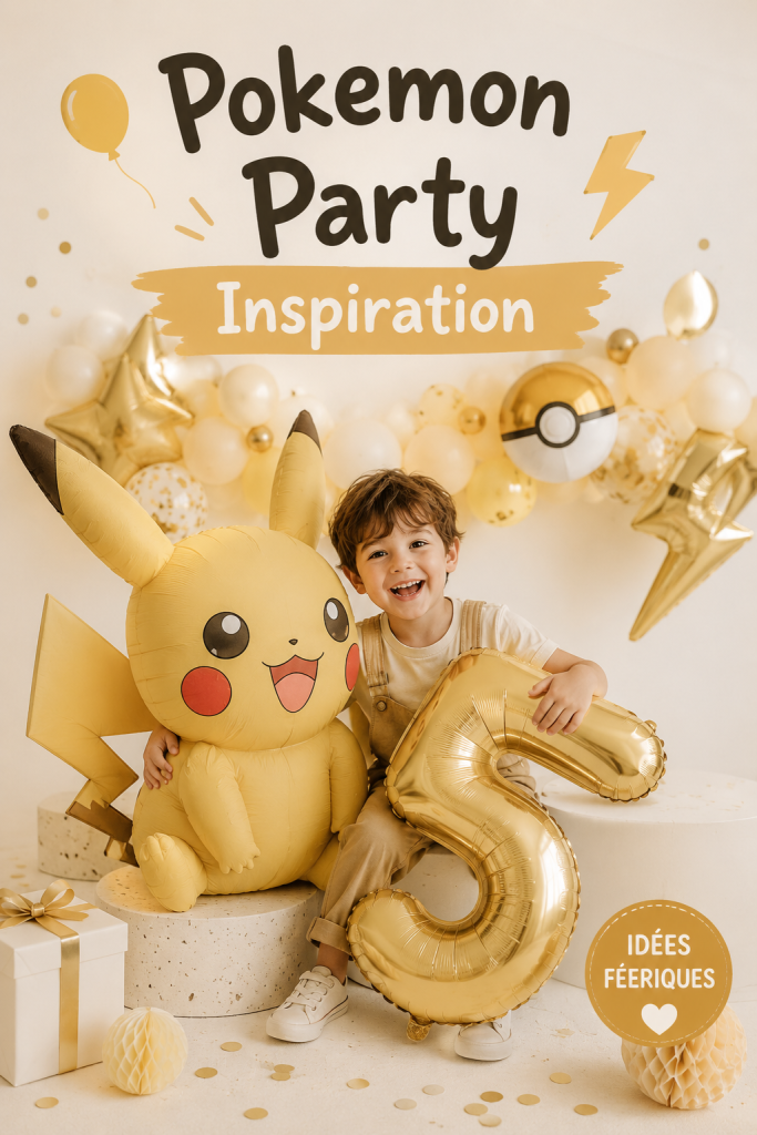 Décoration colorée d'une fête d'anniversaire sur le thème Pokémon, avec des ballons et des personnages emblématiques.