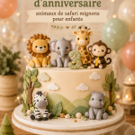Gâteau d'anniversaire sur le thème des animaux de safari, décoré avec des figurines mignonnes.