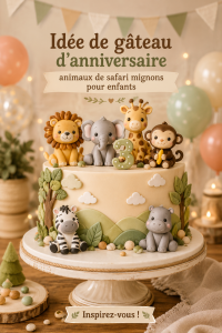 Gâteau d'anniversaire sur le thème des animaux de safari, décoré avec des figurines mignonnes.