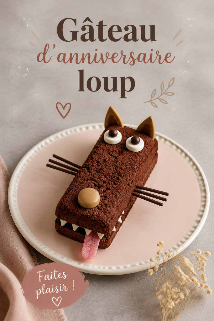 Un gâteau d'anniversaire en forme de loup décoré de crème et de fruits