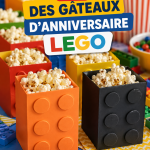 Gâteau d'anniversaire LEGO coloré avec des briques en sucre