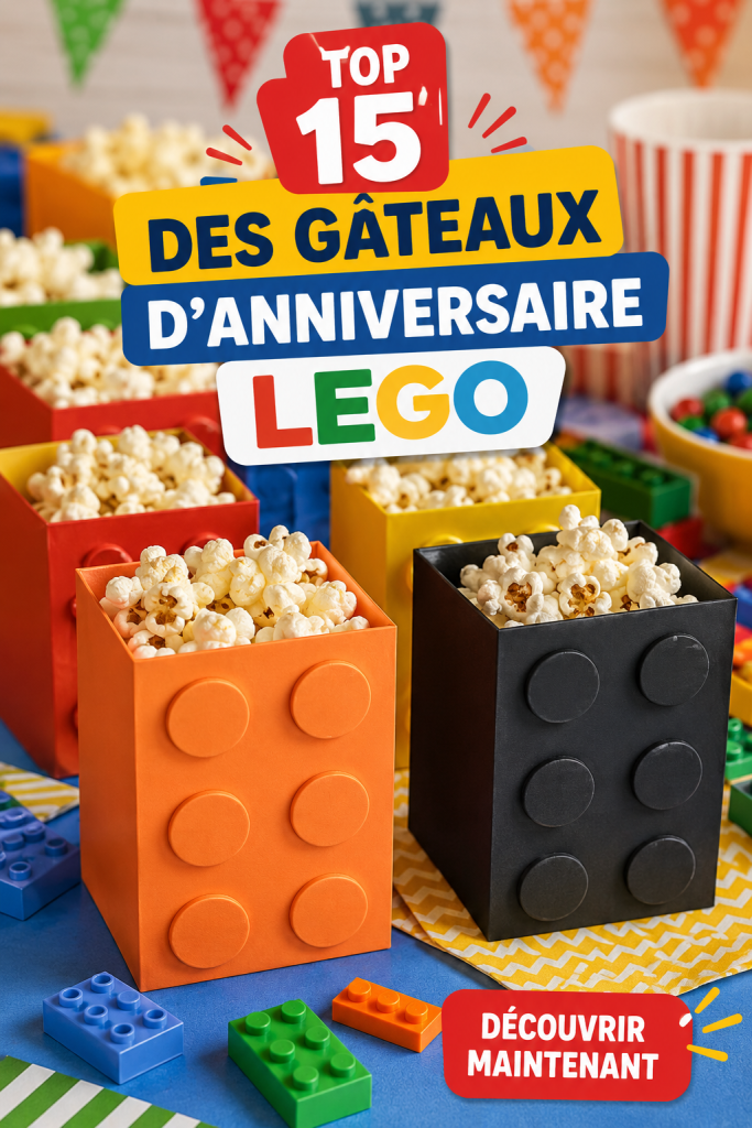 Gâteau d'anniversaire LEGO coloré avec des briques en sucre