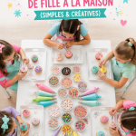 Une table d'anniversaire décorée pour une fille avec des bannière colorées et des ballons.
