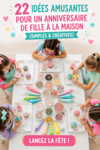 Une table d'anniversaire décorée pour une fille avec des bannière colorées et des ballons.